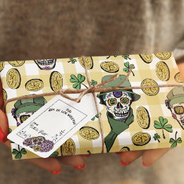 Funny n' Festive Yellow Irish Sugar Skulls & Coins Geschenkpapier