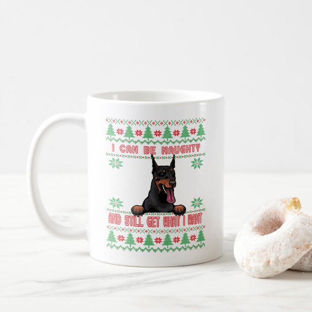 Funny Naughty Doberman Ugly Christmas Sweater Kaffeetasse (Mit Donut)