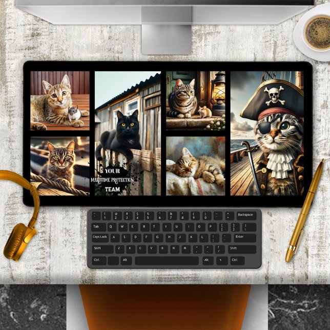 Funny Nautical Foto Grid Cat Schreibtischunterlage (Desk mat featuring a photo collage or collection of funny nautical themed cat images)
