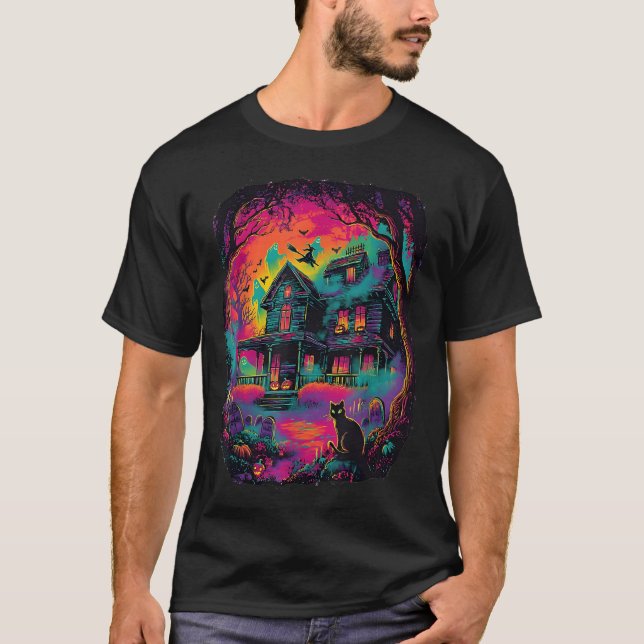 Funny Neon S Ghost Black Cat Hexe Halloween T-Shirt (Vorderseite)