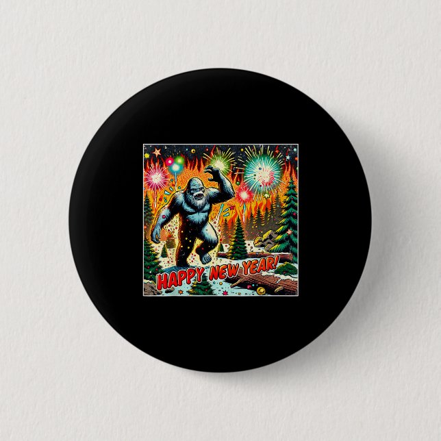 Funny New Years Eve 2024 Bigfoot And Fireworks Hum Button (Vorderseite)