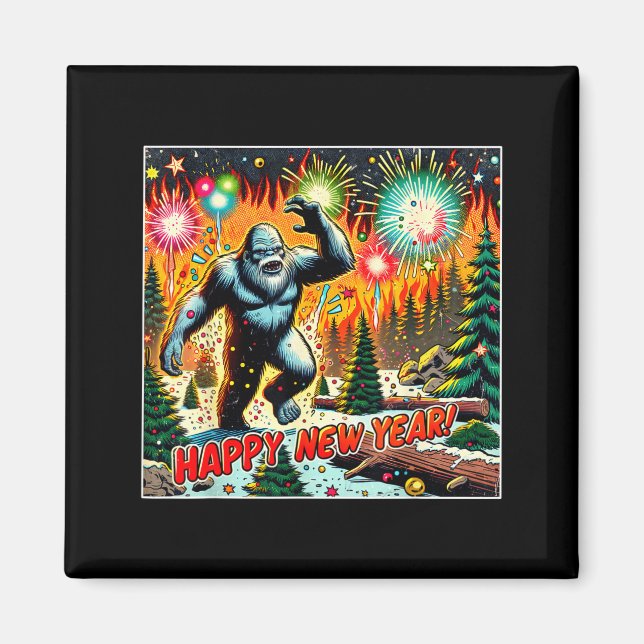 Funny New Years Eve 2024 Bigfoot And Fireworks Hum Magnet (Vorne)