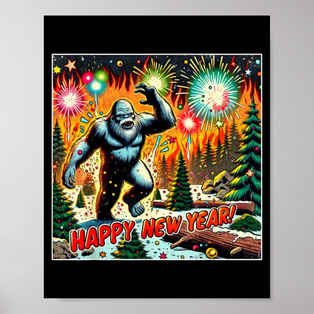 Funny New Years Eve 2024 Bigfoot And Fireworks Hum Poster (Vorne)