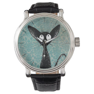 Funny Niedlich Black Cat Art on Blue Damask Armbanduhr