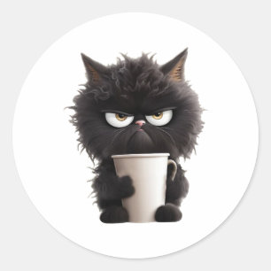 Funny Niedlich Black Cat Kaffee Wut Runder Aufkleber