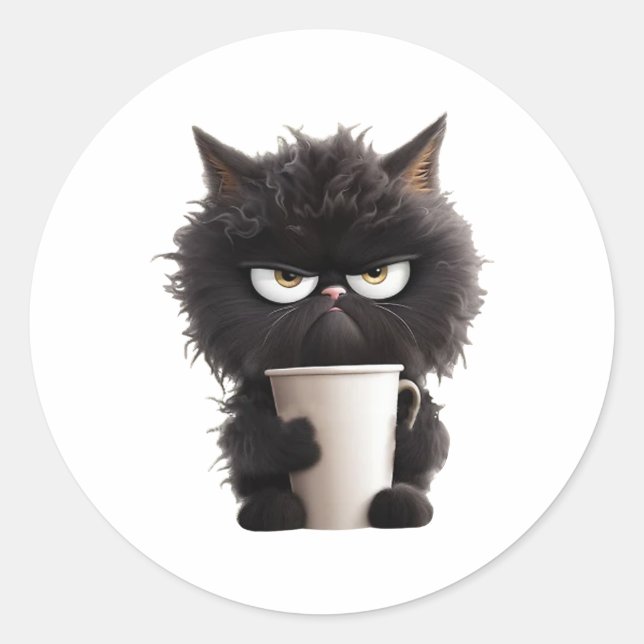 Funny Niedlich Black Cat Kaffee Wut Runder Aufkleber (Vorderseite)