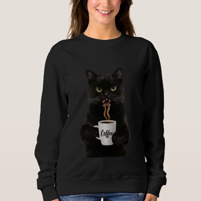 Funny Niedlich Black Cat Kaffee Wut Sweatshirt (Vorderseite)
