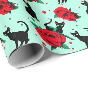 Funny Niedlich Black Cats Rote Rosen Muster Geschenkpapier