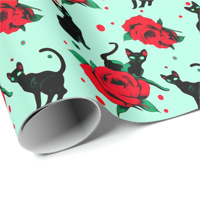 Funny Niedlich Black Cats Rote Rosen Muster Geschenkpapier (Rolleneckpunkt)