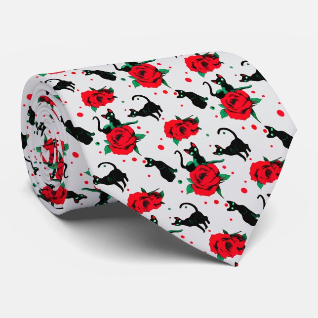 Funny Niedlich Black Cats Rote Rosen Muster Krawatte (Gerollt)