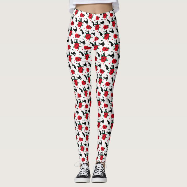 Funny Niedlich Black Cats Rote Rosen Muster Leggings (Vorderseite)