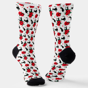 Funny Niedlich Black Cats Rote Rosen Muster Socken