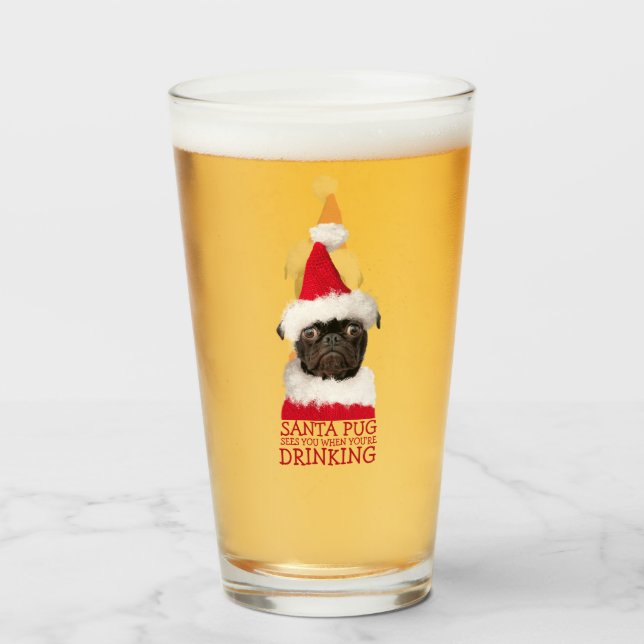 Funny Niedlich Black Mops Weihnachtsmannmütze Weih Glas (Vorne (Gefüllt))