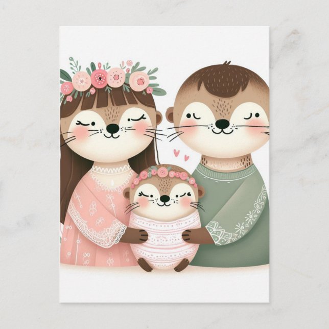 Funny Niedlich Cartoon Otter Family Postkarte (Vorderseite)