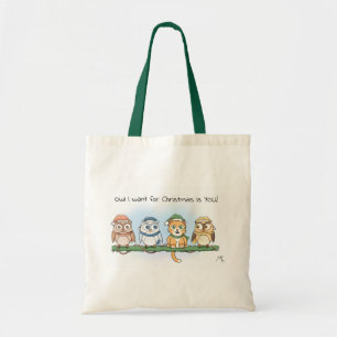Funny Niedlich Cartoon Owls und Cat Christmas Shop Tragetasche