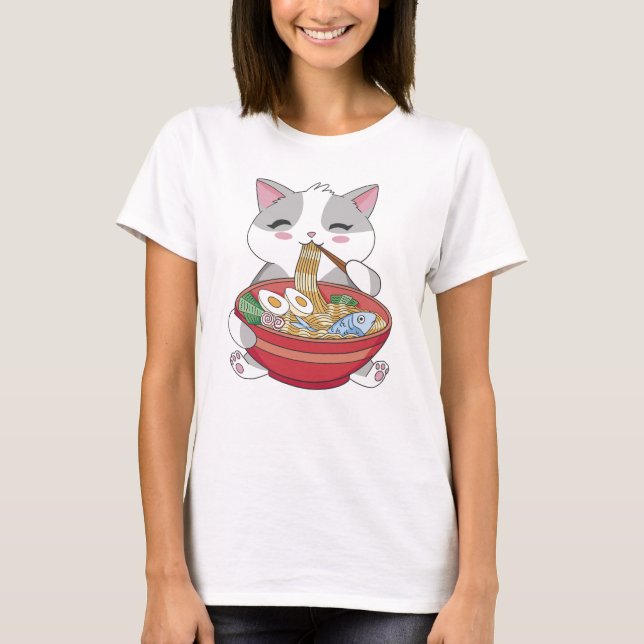 Funny Niedlich Cat Eating Ramen T-Shirt (Vorderseite)