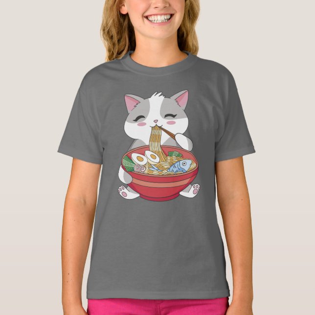 Funny Niedlich Cat Eating Ramen T-Shirt (Vorderseite)