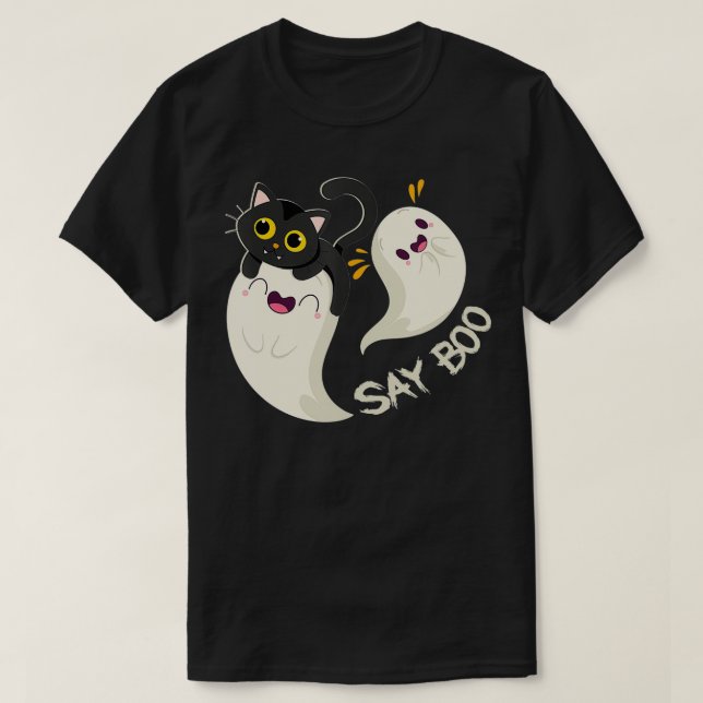 Funny Niedlich Cat Ghost Say Boo Halloween Kostüme T-Shirt (Design vorne)