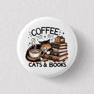 Funny Niedlich Coffee Cats Bücher Lover Gift Idee  Button