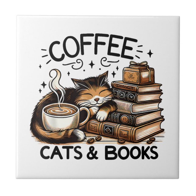Funny Niedlich Coffee Cats Bücher Lover Gift Idee  Fliese (Vorderseite)