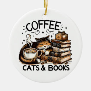 Funny Niedlich Coffee Cats Bücher Lover Gift Idee  Keramik Ornament