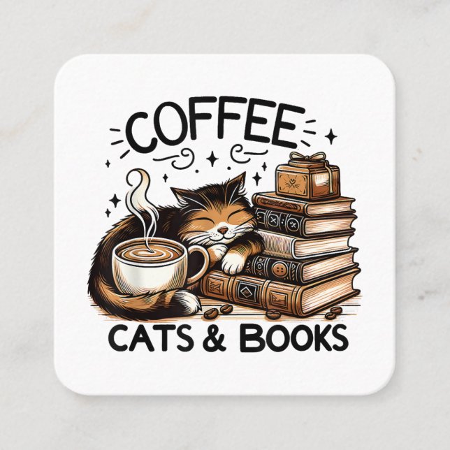 Funny Niedlich Coffee Cats Bücher Lover Gift Idee  Quadratische Visitenkarte (Vorderseite)
