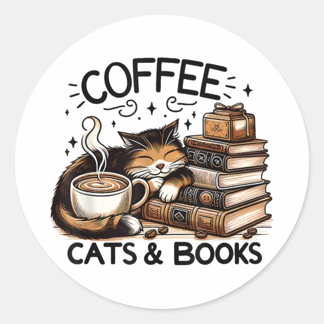 Funny Niedlich Coffee Cats Bücher Lover Gift Idee  Runder Aufkleber (Vorderseite)