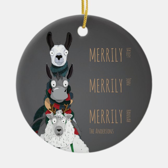 Funny Niedlich Donkey, Llama & Sheep Grau Keramik Ornament (Vorne)