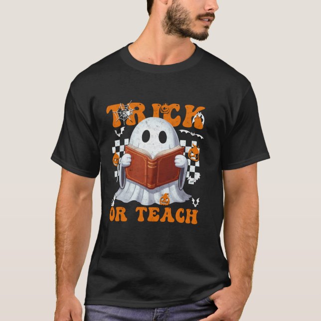 Funny Niedlich Ghost Book Lover Trick oder Lehrer T-Shirt (Vorderseite)