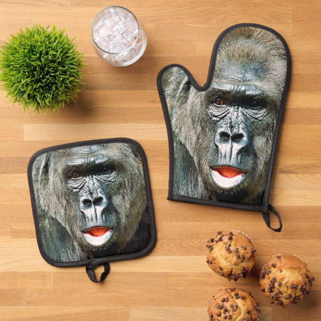 FUNNY NIEDLICH GORILLA OFENHANDSCHUH & Topflappen-Set (Oben Unten)
