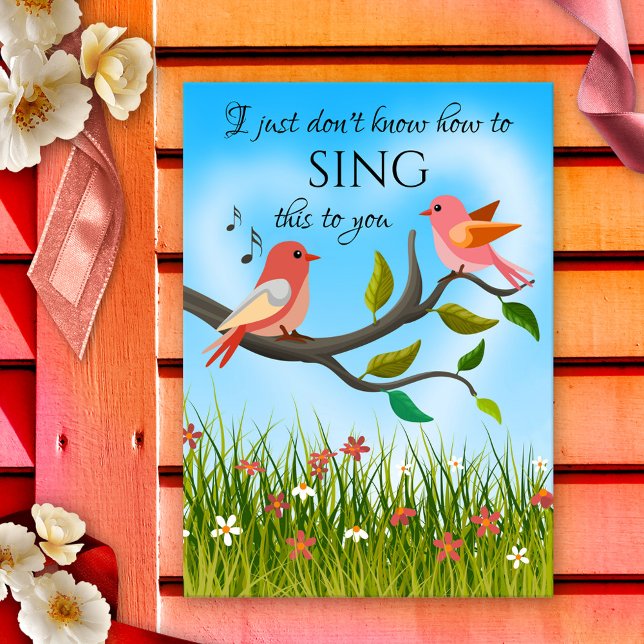Funny Niedlich Love Birds Valentinstag Card Karte (Funny and  colorful Valentine's Day card featuring cute love birds in a happy spring meadow.)
