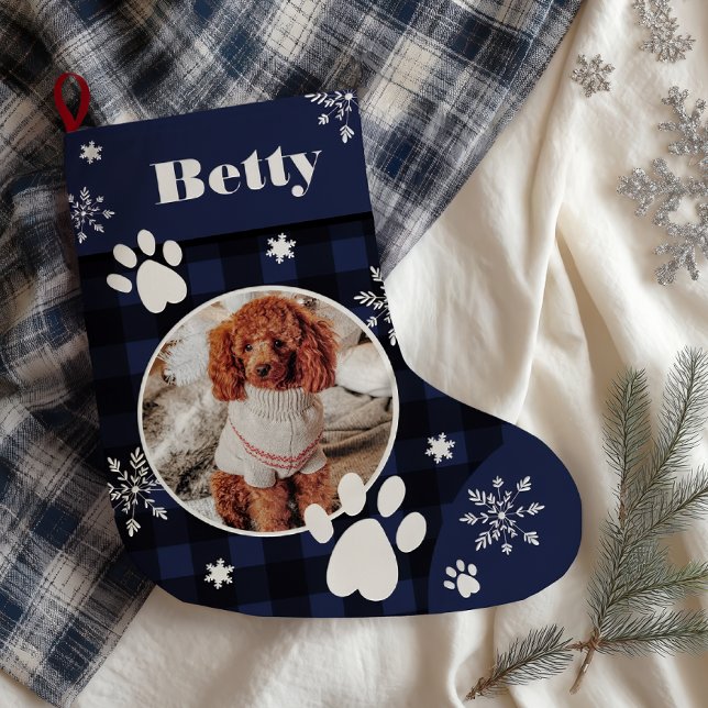Funny niedlich marineblauer karierter Hund Haustie Großer Weihnachtsstrumpf (Funny cute navy blue plaid dog pet photo Christmas Large Christmas Stocking)