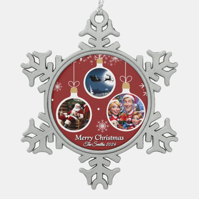 Funny, Niedlich, Modernes Foto Weihnachten Schneeflocken Zinn-Ornament (Vorderseite)