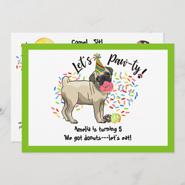 Funny Niedlich Mops Haustier Dog Donuts Geburtstag Einladung (Vorne/Hinten)