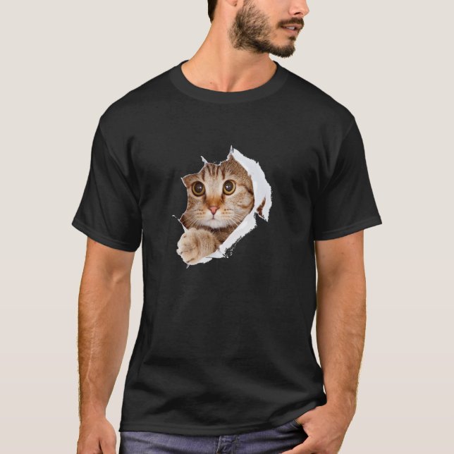 Funny Niedlich Orange Tabby Cat Ripping Through Pa T-Shirt (Vorderseite)