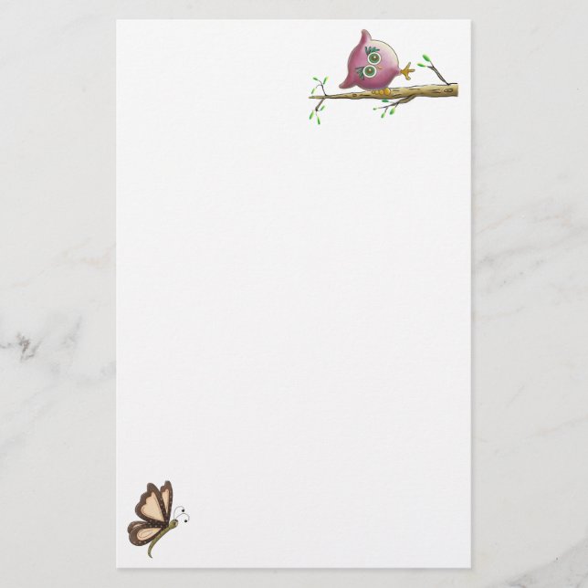 Funny Niedlich Owl & Butterfly Picture Briefpapier (Vorderseite)