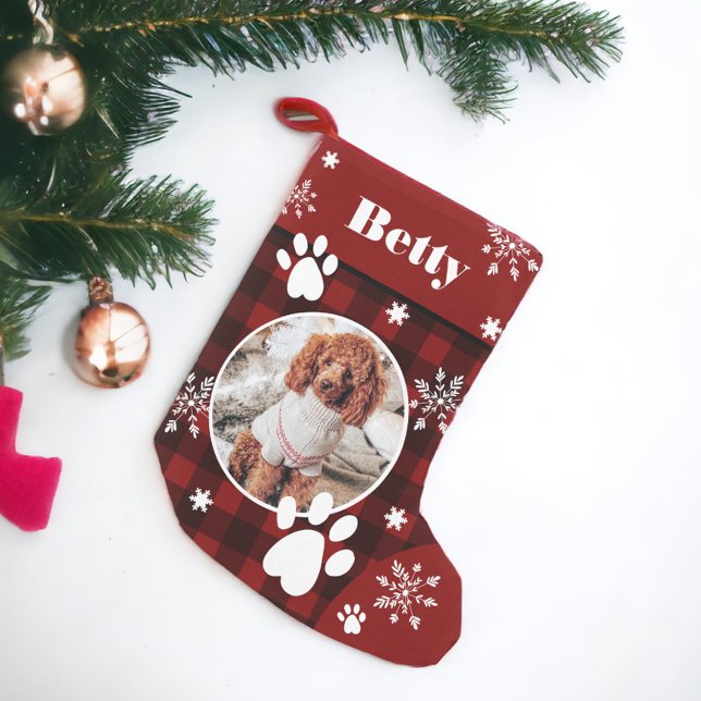Funny niedlich red black kariert dog pet Foto Weih Kleiner Weihnachtsstrumpf (Funny cute red black plaid dog pet photo Christmas Small Christmas Stocking)