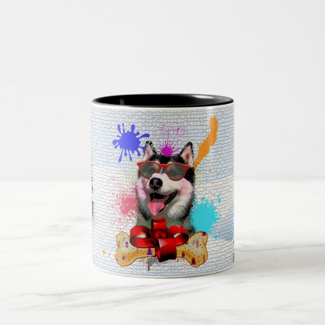 Funny Niedlich Siberian Husky Dog Weihnachten Zweifarbige Tasse (Mittel)