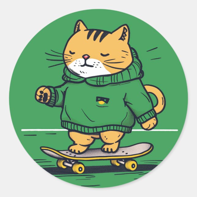 Funny Niedlich Skate Cat on Skateboard Runder Aufkleber (Vorderseite)