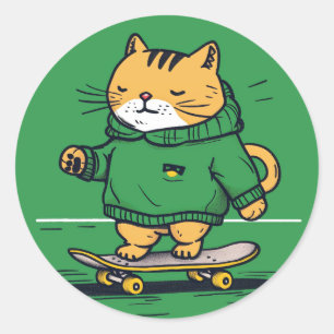 Funny Niedlich Skate Cat on Skateboard Runder Aufkleber