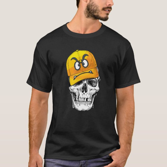Funny Niedlich Skull trägt wütend gelbe Cap Grafik T-Shirt (Vorderseite)