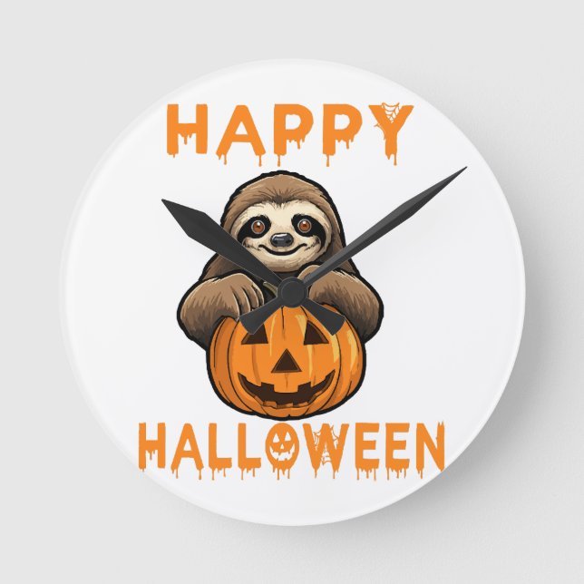 Funny Niedlich Sloth Holding Pumpkin Runde Wanduhr (Vorderseite)