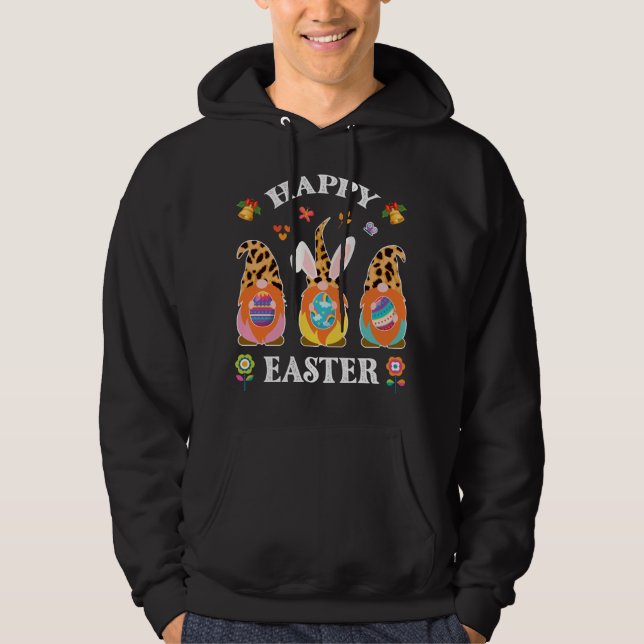 Funny Niedlich Three Gnomes Bunny Holding Egg Happ Hoodie (Vorderseite)