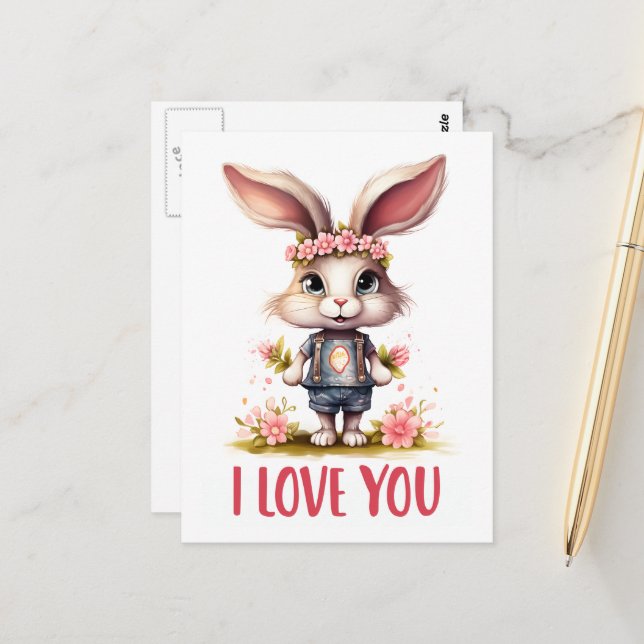 Funny Niedlich Valentine Rabbit Pink I Liebe Sie Postkarte (Vorderseite/Rückseite Beispiel)