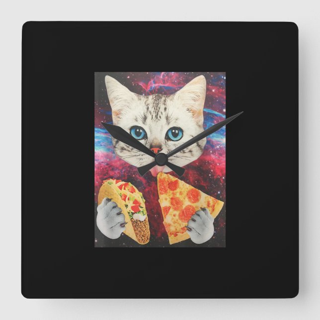 Funny Niedliche Weltraumgalaxie Cat Meme Pizza Tac Quadratische Wanduhr (Vorderseite)