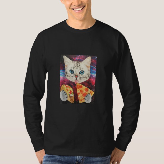 Funny Niedliche Weltraumgalaxie Cat Meme Pizza Tac T-Shirt (Vorderseite)