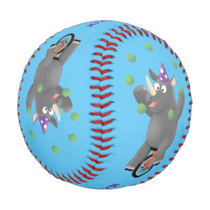 Funny niedlicher Nashorn jonglieren auf Einrad Baseball