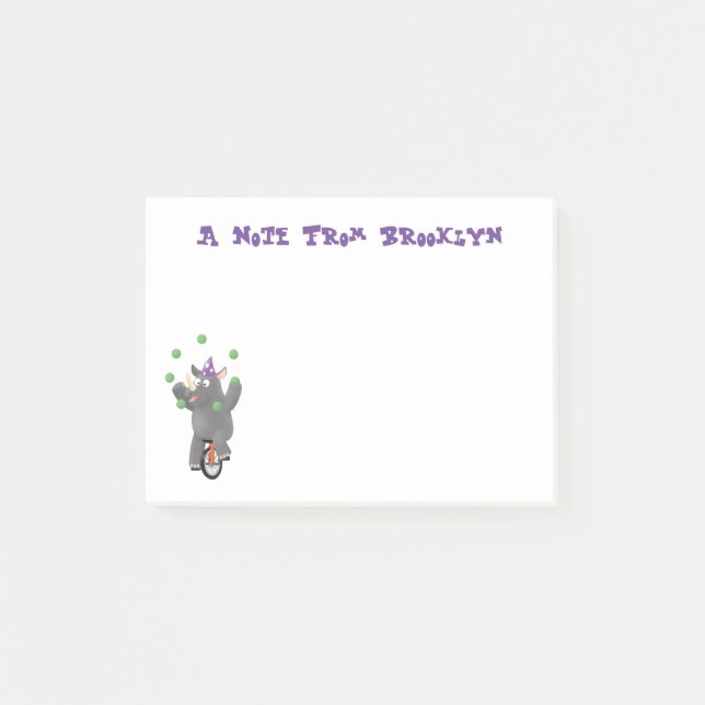 Funny niedlicher Nashorn jonglieren auf Einrad Post-it Klebezettel (Vorderseite)