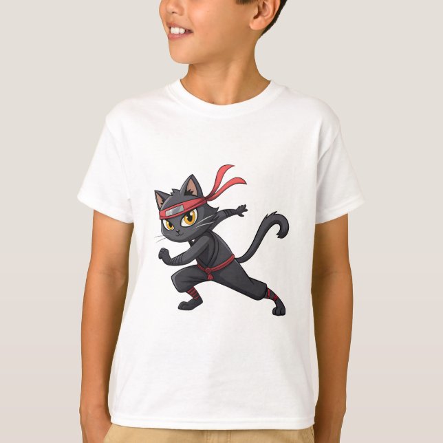 Funny Ninja Cat Cartoon Graphic Design mit Niedlic T-Shirt (Vorderseite)