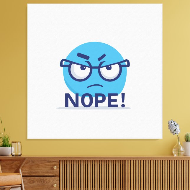 Funny Nope Emoji – Blue Angry Face with Glasses Leinwanddruck (Insitu (Wohnzimmer))